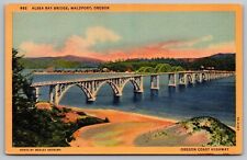 Alsea Bay Bridge Waldport Oregon Coast Highway Forest Mountain Linen Postcard picture