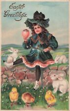 Vintage Postcard Easter Little Girl Blue Dress Bunny Rabbits Chicks B97 picture
