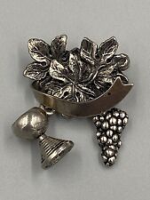 Vintage Silver Colored Leaves Wine Goblet & Grapes Lapel Pin Brooch picture