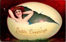 1908 Easter Greetings - Beautiful Woman Inside Cracked Egg Postcard picture