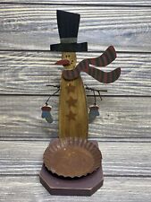 Vintage Santas Workbench 1999 Wooden Snowman Striped Scarf Candle Holder 8.5” picture