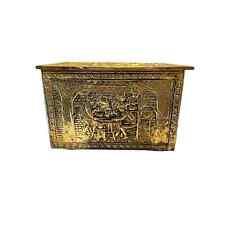 Vintage Mid-20th Century English Embossed Brass Log Box, with Rare Tavern Scenes picture