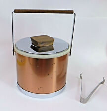 Vtg MCM Kromex Ice Bucket Copper Chrome Wood Handles USA With Tongs  picture