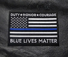 POLICE BLUE LINE DUTY HONOR COURAGE USA FLAG BLUE LIVES MATTER IRON ON PATCH picture