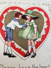 C 1924 Boy Girl Heart Embossed Poem Valentine Vintage Postcard 1 Cent Franklin picture