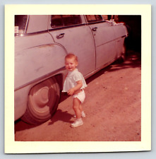Original Old Vintage Outdoor Picture Image Little Baby Girl Blue Car 1960's picture