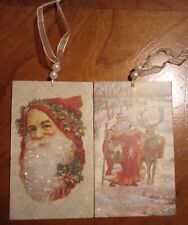 2 Vintage Style Christmas Ornament Glitter Postcard Decorations picture