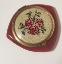 1930s Red Lucite Needlepoint Compact Floral Powder Vtg 2 Mirrors picture