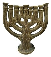 Signed Studio Art Pottery Menorah Beige Brown Drip Glaze Judaica Religious 9” picture