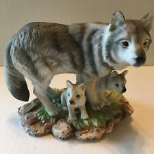 Masterpiece Porcelain Gray Wolves Endangered Species 1995 With Wood Stand Signed picture