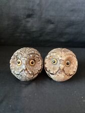 Miniature Carved Owl Figurines Pair About 3” Vintage MCM Paperweight Cute Bird picture