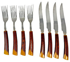 Glo-Hill Vintage 8 Piece Cutlery 4 Stake Knifes & 4 Forks Bakelite Handle Set picture