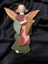 Vtg Wooden Painted Angel Christmas Ornament, Wings Harp Instrument 4.25