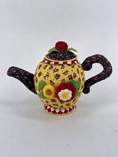 Mary Engelbreit collectible Pincushion Teapot Cherries Yellow Red Checkered SM1 picture