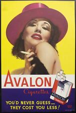 c.1940 Avalon Cigarettes Tobacco Paper Sign Vintage Poster Purple Fedora Lady picture