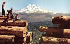 Northwest Harvest Trainload of Logs Mt. Rainier, WA Logging 50s Vintage Postcard picture
