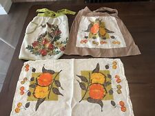 Vintage 60’s 70s Terry Cloth Half Apron & Dishtowel Lot Matching Fruit Floral picture