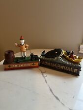 Set: Vintage Mechanical Cast Iron Piggy Bank Jonah and the Whale and Trick Dog picture