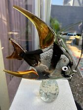Murano Art Glass Amber Glass Fish On Organic Shaped Clear Glass Base Large Fish picture
