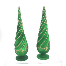 VTG Set of 2 Silvered Glass Green Spiral Christmas Trees Gold Glitter Decor 12