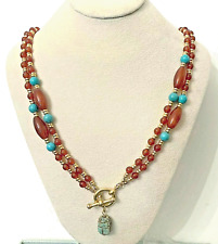 Ancient Egyptian Artifacts Scarab Red Carnelian Turquoise Toggle Necklace, 22