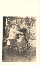 LITTLE GIRL & TOY DOLL STROLLER c1910 real photo postcard rppc antique original picture