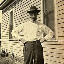 Antique Snapshot Photograph Handsome Young Man Farm Fedora Suspenders Frank picture