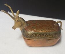 Vintage Footed Ibex Floral Enameled BRASS Trinket Box Dish MCM  picture