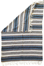 VTG Mexican Woven Rasta Serape Blue White Gray Fringe Throw Blanket/Rug 72 x 51