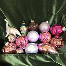 Pink Glass Christmas Tree Ornaments Lot Of 14 Dinosaur Breast Cancer Girl Barbie picture