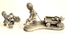 Vtg Set Of Pewter Girl On Bike And Boy Pulling Wagon F Robert Drury 1973 picture