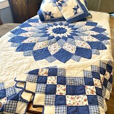 VTG Hand Made Stitched Dahlia Quilt SET Twin 68 x 80 White Blue Floral Patchwork picture