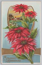 Holiday~A Merry Christmas~Four Poinsettia Flowers~Lighthouse & River~Vintage PC picture