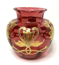 Antique Cranberry Glass Vase Gold Floral Gilded 4.75