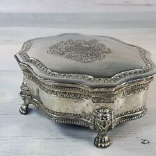 Vintage Silver Plated Footed Jewelry Box French God & My Right Lion Horse Crest picture