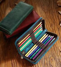 Handmade Cowhide Leather Zipper Pen Case, Pencil Case Stationery Storage Bag picture