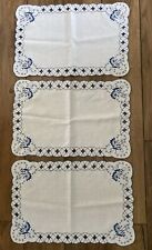 Vintage Hand Embroidered Blue White Placemats Set Of 3 Cotton Porcelain Look EUC picture