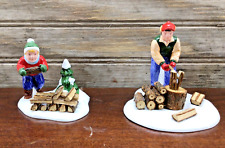 Vtg RETIRED SNOW VILLAGE Chopping Firewood Ceramic Handpainted #54863 Set of 2 picture
