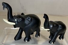 VINTAGE PAIR OF CARVED EBONY WOOD  ELEPHANT FIGURINES ORNAMENTS picture