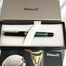 Pelikan Souveran M800 Black & Green Stripe 18C Fountain Pen F Nib Boxed picture