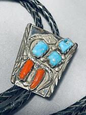 INCREDIBLE VINTAGE ZUNI BLUE GEM TURQUOISE & CORAL STERLING SILVER BOLO picture