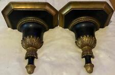 Vintage Neoclassical Black & Gilt Hollywood Regency Wall Brackets Shelves Pair 2 picture