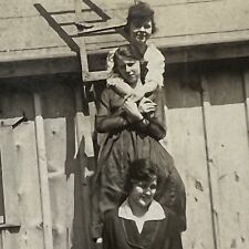 Antique B&W Snapshot Photograph Beautiful Young Women On Ladder Silly Odd picture