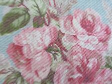 Gorgeous Vintage 1940's Heavy Nubby Barkcloth PINK ROSES on Sage Green/Blue picture