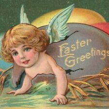 c.1909 Easter Greetings Postcard Angel Cherub Hatching from Colorful Eggs picture