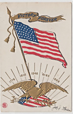 c1907 Victory Forever Gilt Embossed Patriotic Postcard Eagle US Flag Shield picture