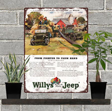 1945 Willys Jeep Ad From Farmer to Farm hand mancave Metal Sign 9x12