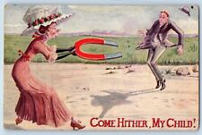 Leap Year Postcard Ugly Woman With Horseshoe Magnet Come Hither My Child c1910's picture