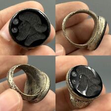 Lovely Black Agate Ancient Roman King Intaglio Bronze Ring picture