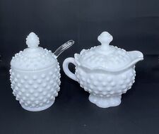 Fenton Hobnail White Milk Glass Cream and Sugar with Lids and Spoon 1970s picture